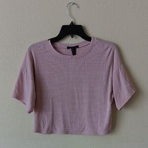 Forever 21 Pink & White Striped Short Sleeve Crop Top